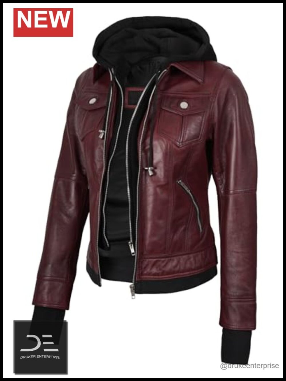 Real Lambskin Leather Jacket Detachable Hood Bomber Thumbholes